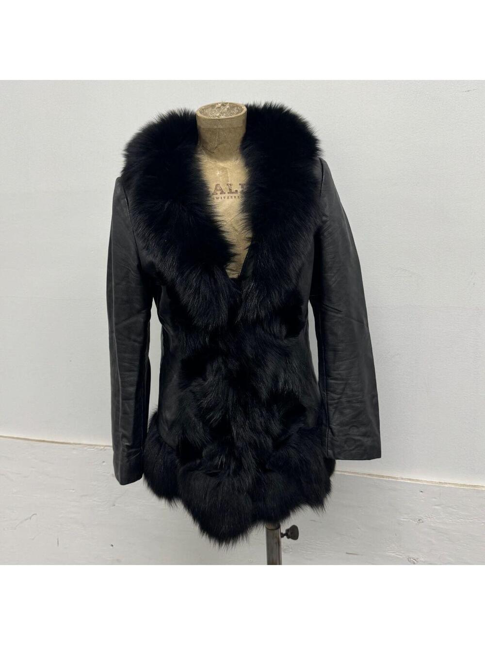 Vintage Y2K Jet Black Genuine Leather & Fluffy Fox Fur Penny Lane Jacket